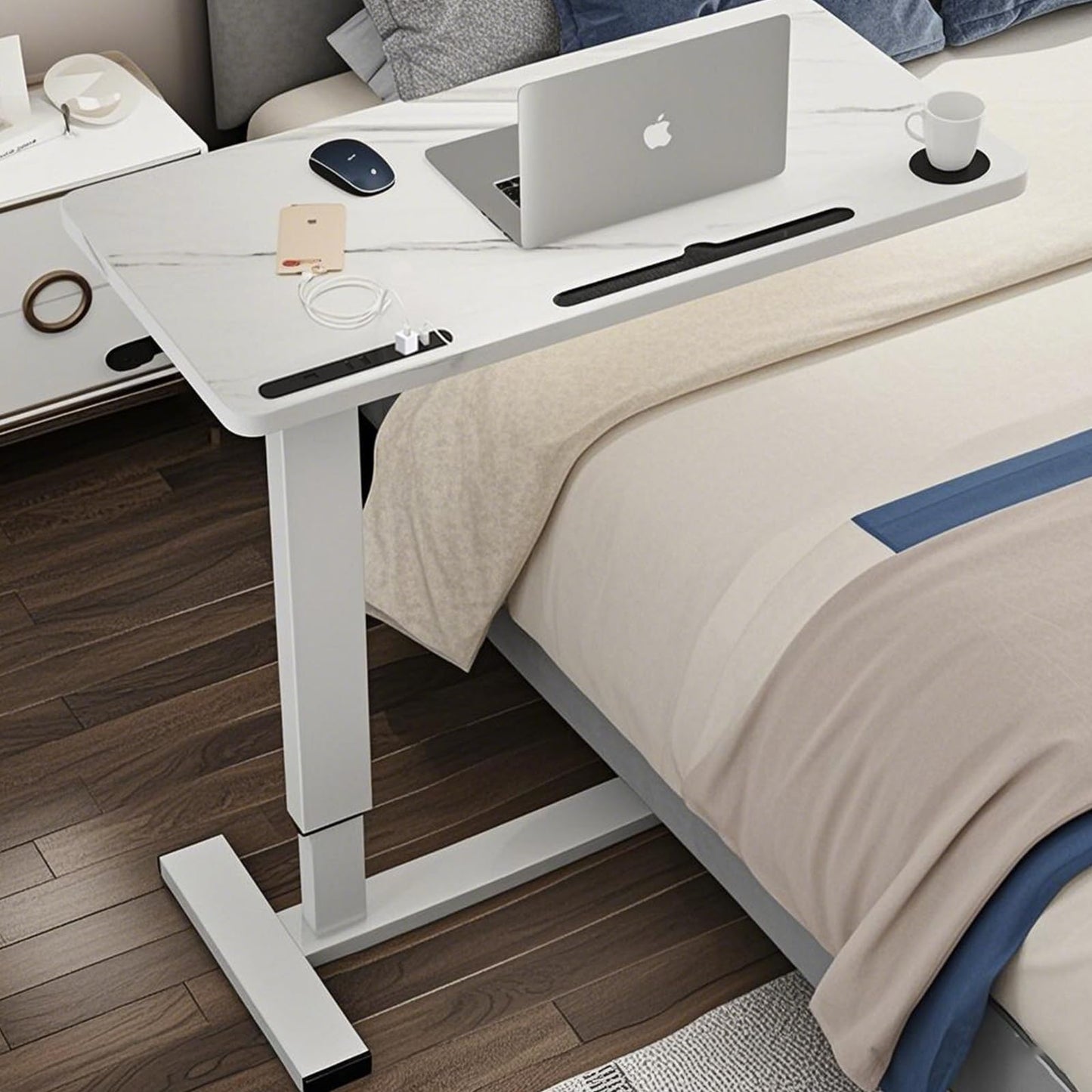 BeGyoku Overbed Table,Hospital Bed Table,Pneumatic Bed Tables Adjustable Over The Bed with Hidden Wheels&USB Port,Mobile Laptop Table Cart and Rolling Bedside Table with Tray Hospital Home Use-White