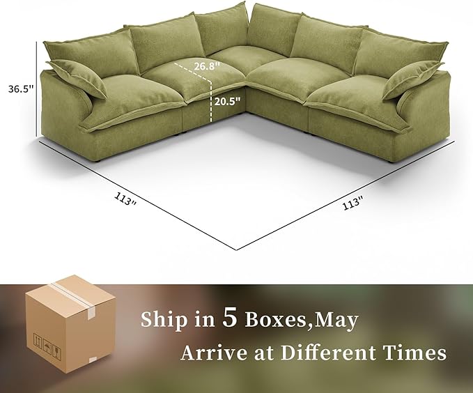 Intuition Decor Modular Convertible Cloud Sectional Sofa,182.6" Large Sofa Set for Living Room,5 Seat V-Shaped Modern Down Fill Sectional Sofa Fabric Modular Couch with Corner,Green