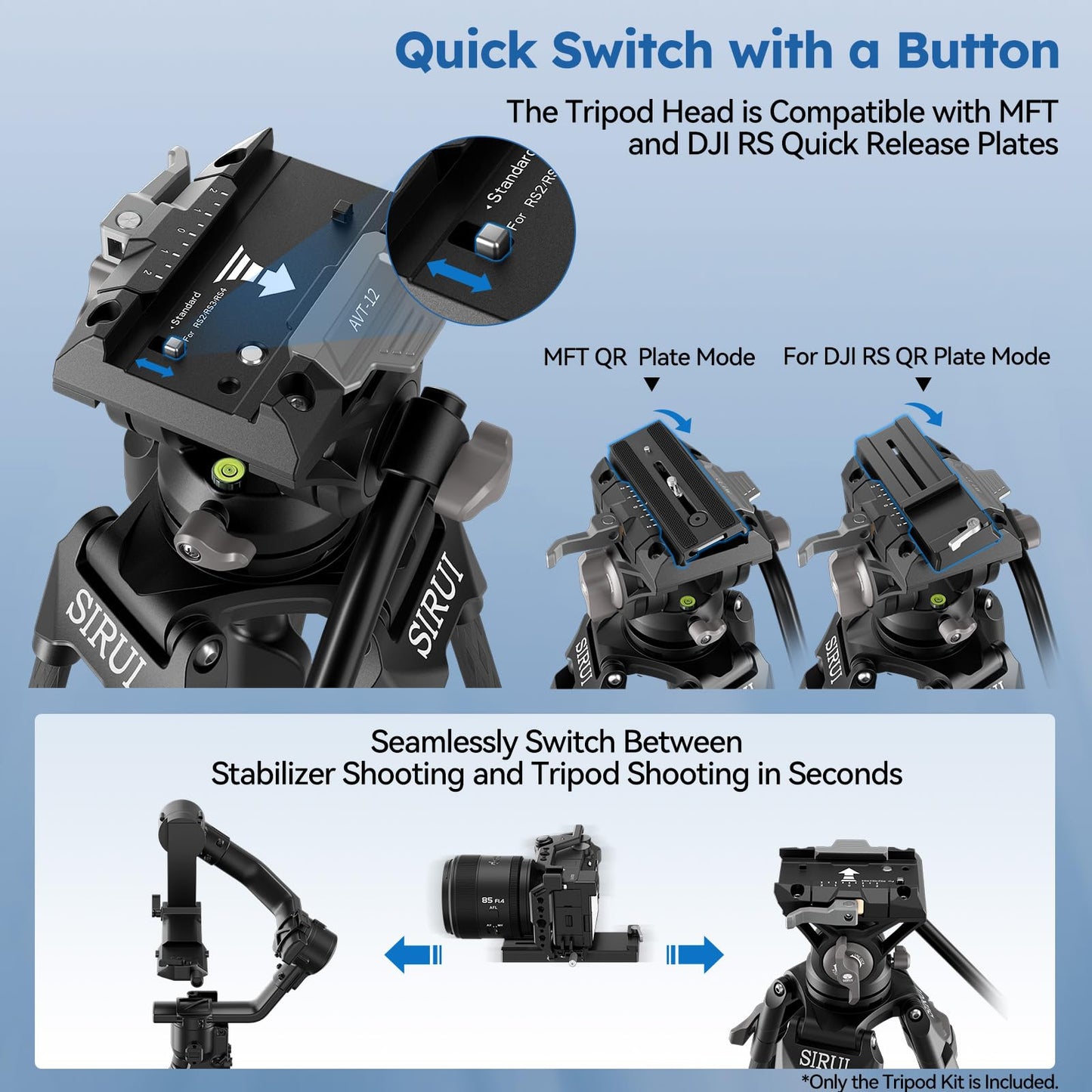SIRUI Quick Release Carbon Fiber Video Tripod, 73" Heavy Duty Tripod with Fluid Head and One-Step QR Plate Locking System, Professional for DSLR Cameras Camcorders, Max Load 33lbs / 15kg, AVT-12
