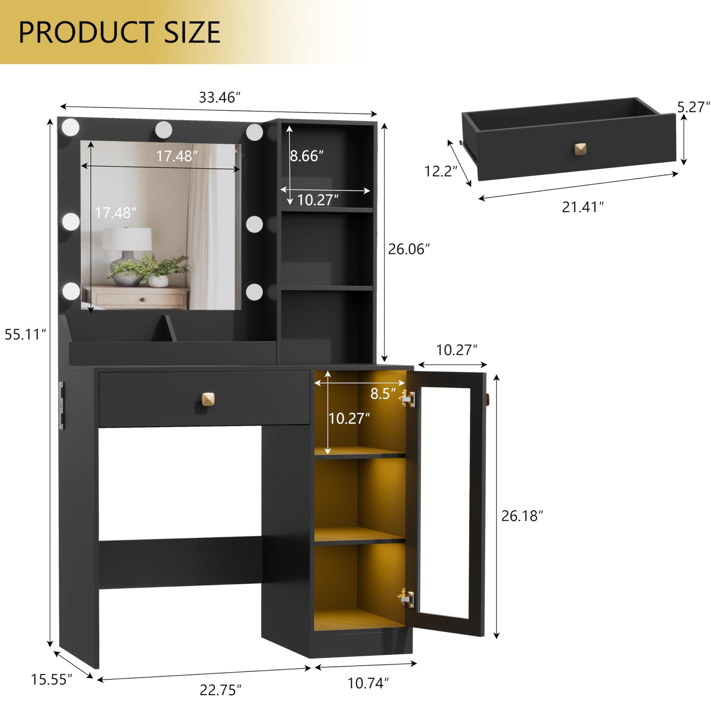 Thacuok Vanity Desk with Mirror and Lights, 33.5'' Makeup Table with Charging Station & RGB Glass Cabinet, Small Vanity with 3 Color Lighting Modes & Adjustable Brightness, Black