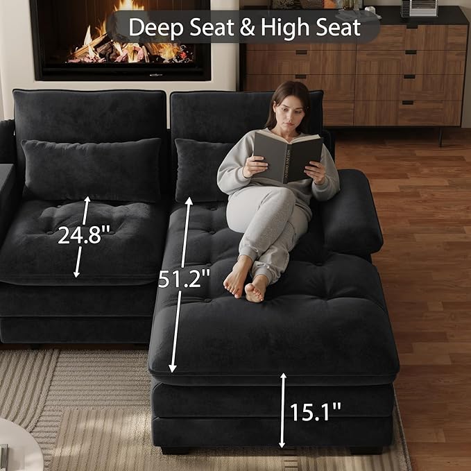 BEQAI 134"U Shaped Sectional Couches for Living Room,Oversized Modular Sectional Fluffy Couch with Chaise Lounge & Tufted Buttons,Modern Chenille 6 Seat Living Room Sofa Set with Storage Console,Black