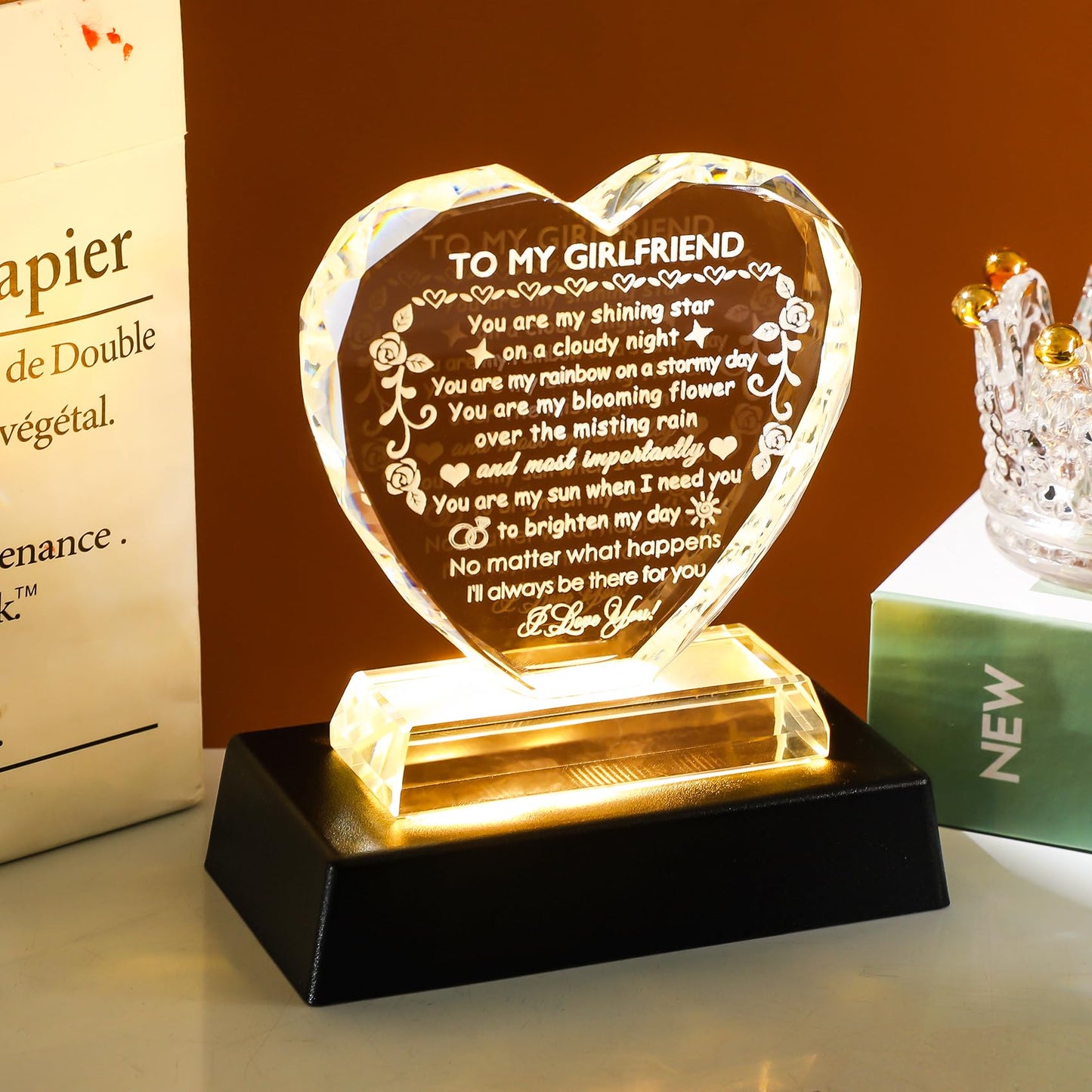 YWHL Romantic Girlfriend Gifts from Boyfriend, To My Girlfriend Crystal Heart Shaped Keepsake with Colorful Light Base, Girlfriend Birthday Gift, Gifts for Girlfriend on Anniversary Valentine