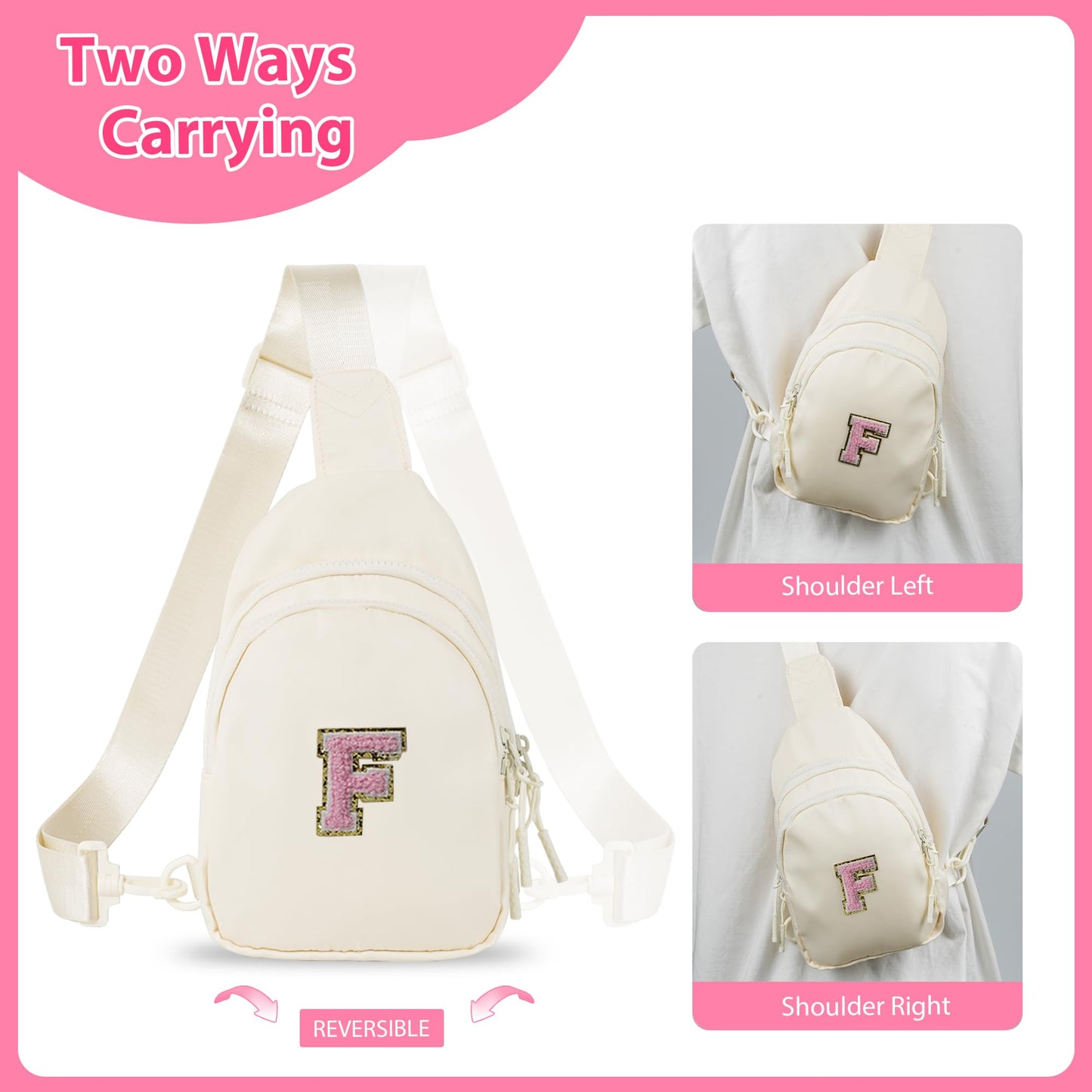 Bomvabe Crossbody Bag for Teenage Girls with Extender Strap 32"-52", Birthday Gift for 6 to 14 Year Old Girls, Sling Bag for Kids and Tweens, Cream with Initials A