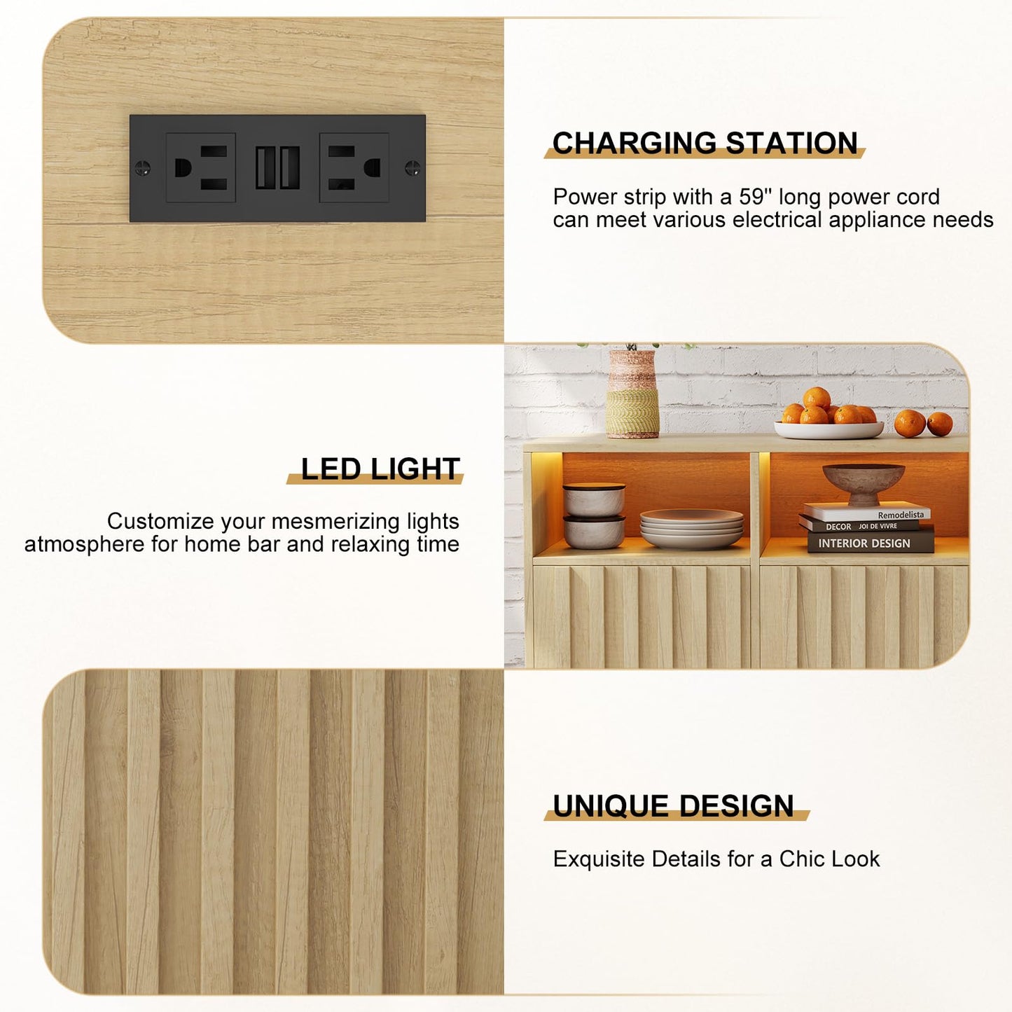 Svimi Oak Multifunctional Storage Cabinet with Charging Station, LED Light, 15"D x 47.2"W x 31.4"H, Beige, Ideal for Kitchen, Entryway, Office