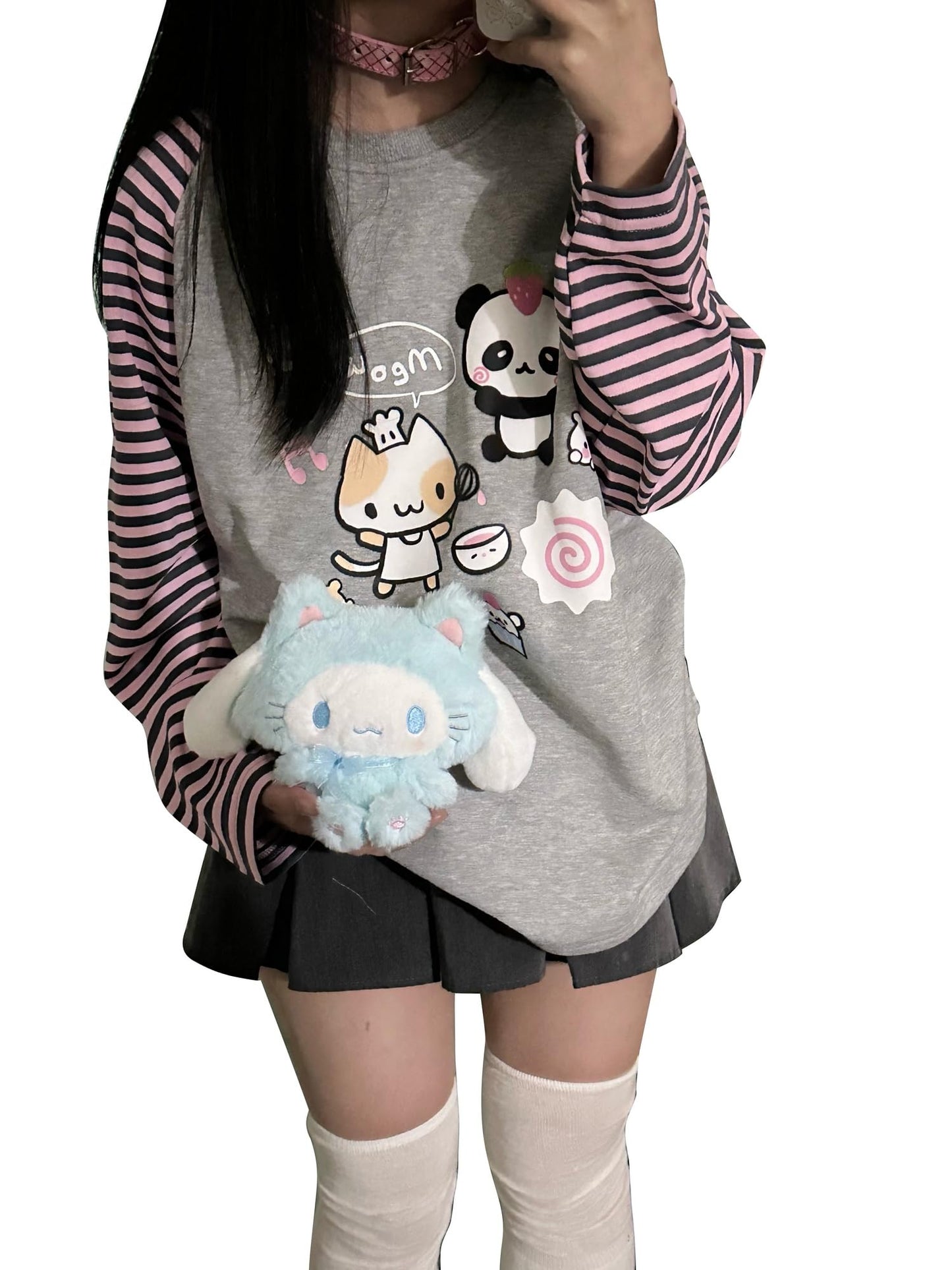Dynict Y2k Cute Sweatshirts for Women Harajuku Kawaii Striped Sweatshirts Cartoon T-shirts (Medium,Gray)