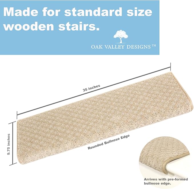 Oak Valley Designs™ Rounded Bullnose Carpet Stair Treads - Anti Slip Indoor Stair Mats for Wooden Stairs, Style: Bayside Charm, Crystal Canyon 35" W X 9.75" D (Set of 4)