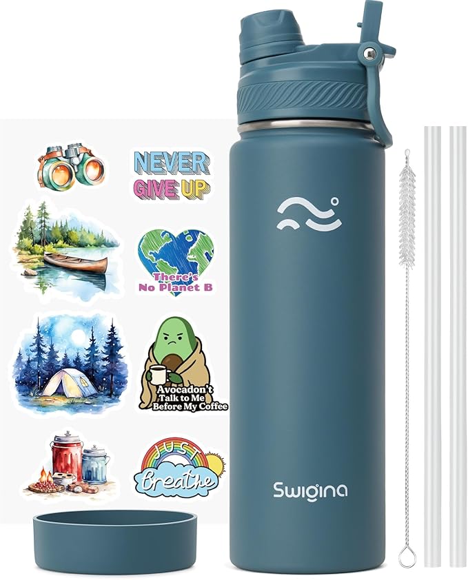 Swigina [2-IN-1 LID] Insulated Water Bottle with Silicone Boot (36hrs Cold/18hrs Hot) - DIY Stickers, Leakproof, BPA Free,...