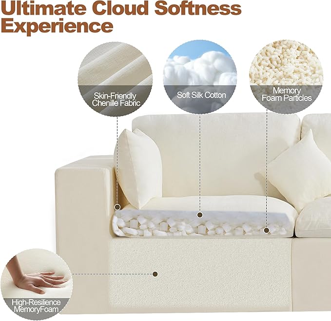 115'' Cloud Boneless Sectional Couch, Modular Sectional Sofa Deep Seat with 2 Ottomans, Oversized Upholstered Convertible Comfy 5 Seater Chenille Sofa U Shape Couches for Living Room, Beige