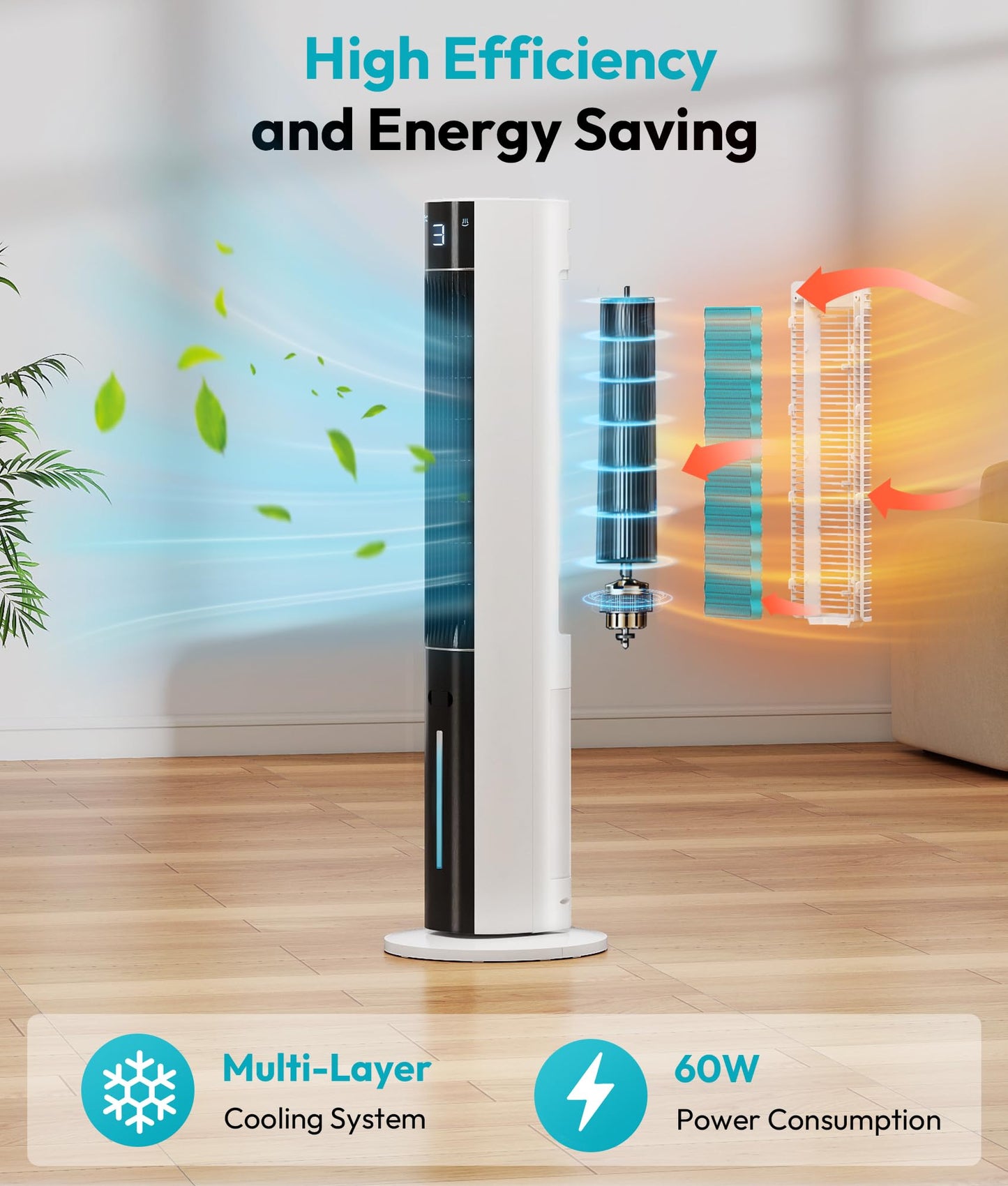 Rellytech Evaporative Air Cooler - Swamp Cooler with 3L Water Tank, 3 Modes & 3 Speeds, Remote Control, 12H Timer, 50° Oscillating Portable Bladeless Cooling Tower Fan For Room Bedroom Office