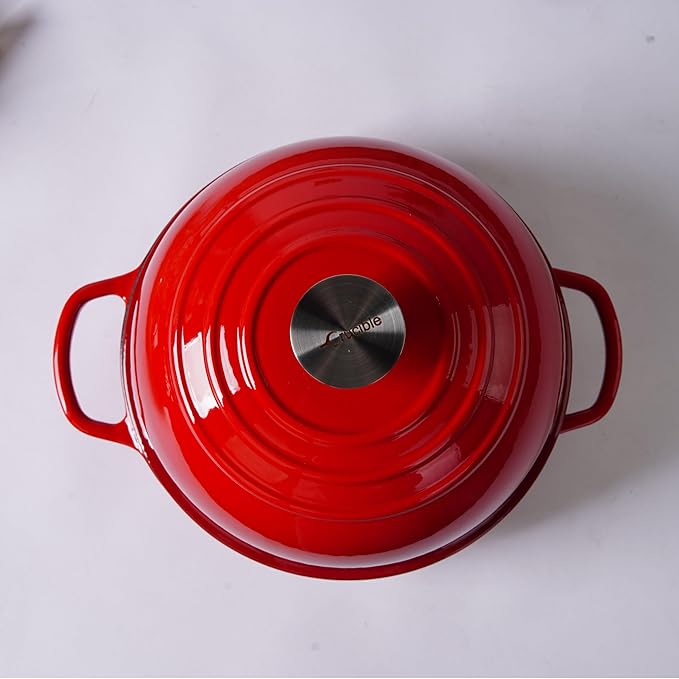 Enameled Cast Iron Bread Pan, Sour Dough Artisan Bread Oven – Red – Round 26 cm, 6.25 L (6.6 qt) – Boule Pan with a Deep Lid for Steam Baking