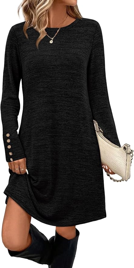 OFEEFAN Long Sleeve Dress for Women Crew Neck Tunic Dress with Pockets Decorative Buttons