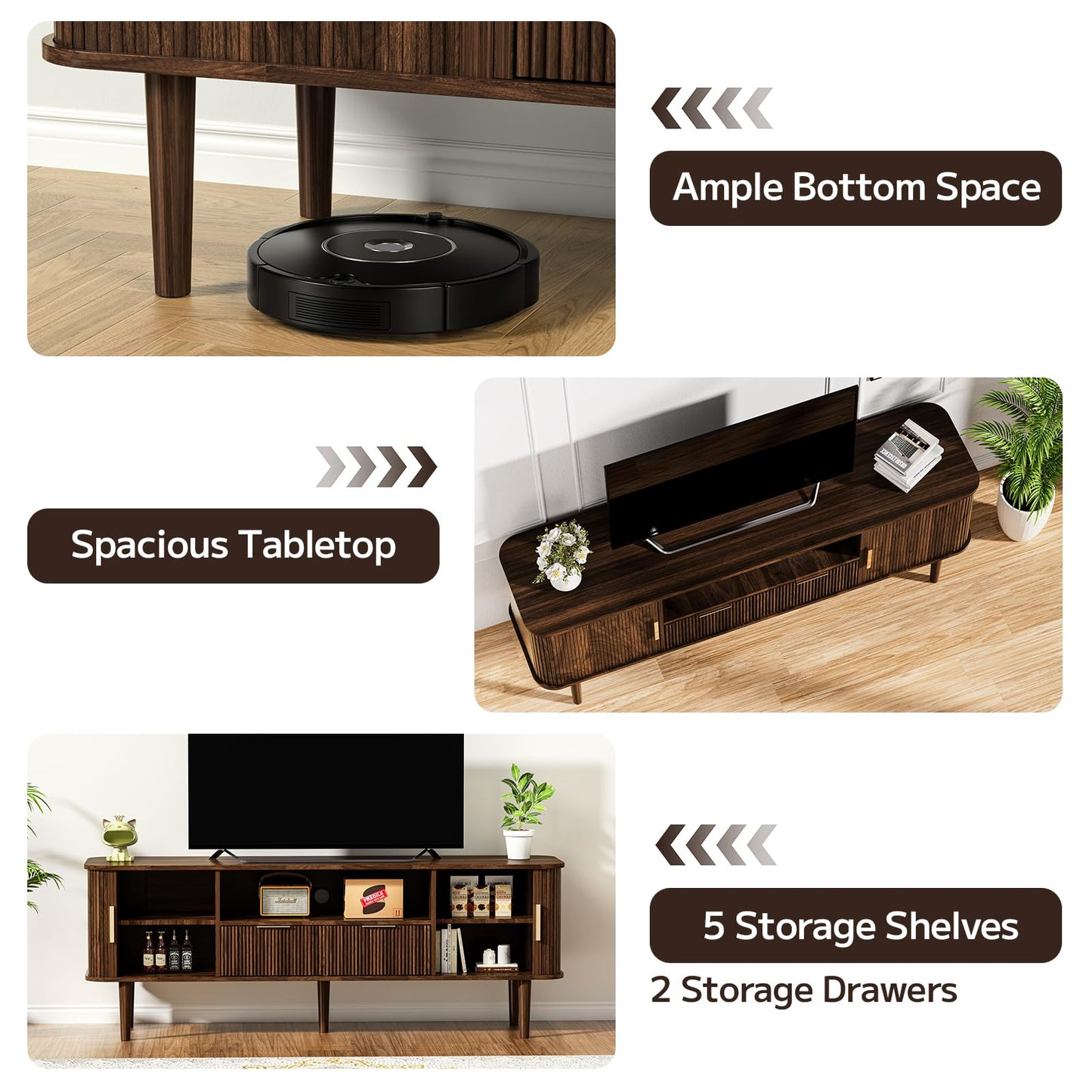 DAMCROP TV Stand 62.4 Inch Mid Century Modern Media Console Table with Drawer Shelves Sliding Tambour Door Farmhouse Sideboard Buffet Cabinet Fits TVs up to 75 inch Fluted Wood Entertainment Center