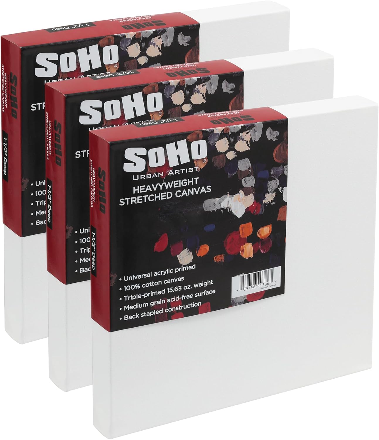 SoHo Urban Artist, 18x18 Heavyweight Stretched Cotton Canvas for Painting - 1.5" Deep- 3 Pack, Triple Primed, 100% Cotton Canvas, Archival, Universal Primed for Oil, Acrylic, Alkyd, Mixed Media