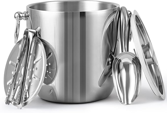 Golden Cudgel Insulated Ice Bucket, 3L Double Wall Stainless Steel Ice Bucket with Tongs,Lid, Scoop and Strainer, Ice Buck...