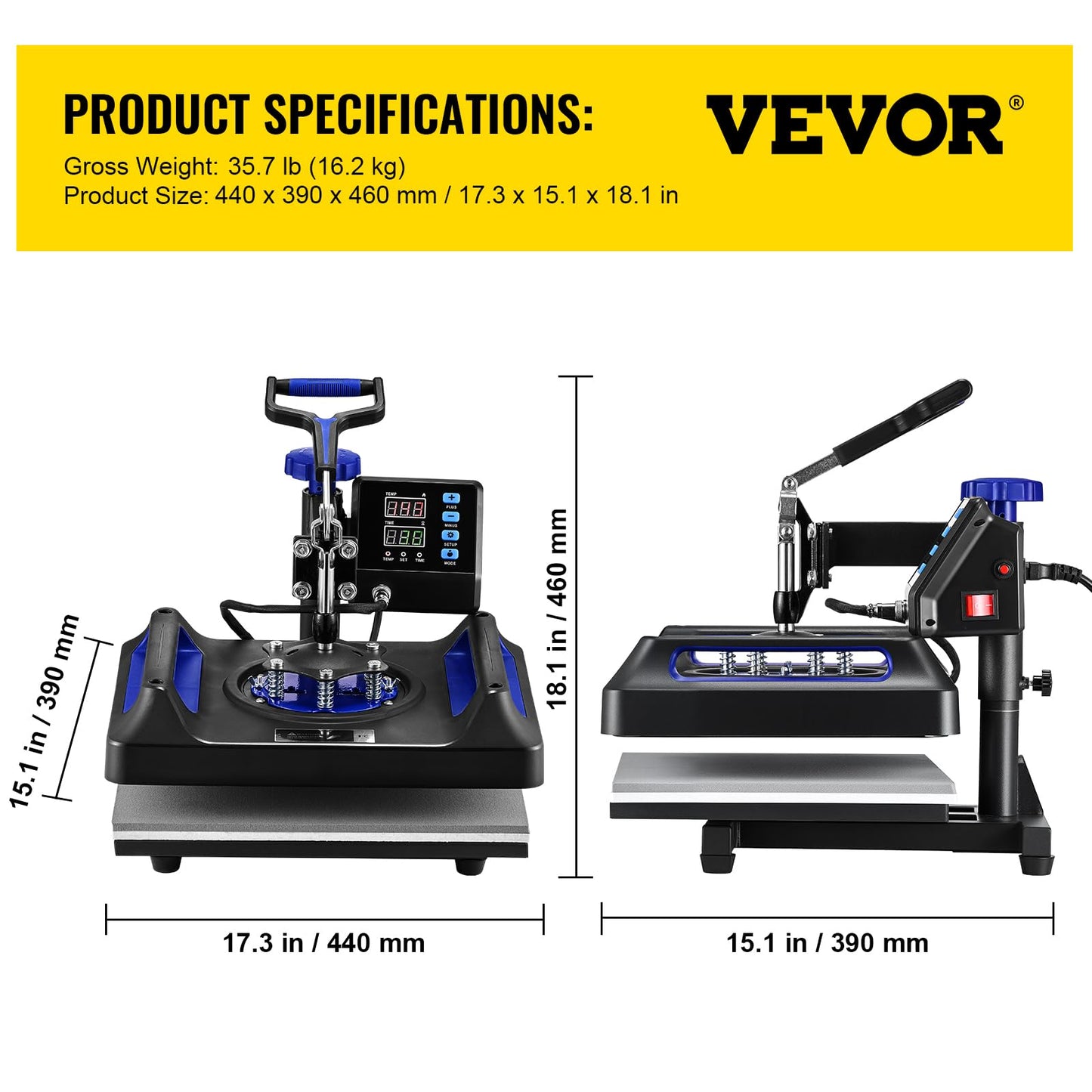 VEVOR Heat Press Machine 12 x 15 Inch 8 in 1 Heat Press Sublimation Machine 360° Rotation Swing Away 8 in 1 Shirt Printing Machine Dual-Tube Heating for DIY T-Shirts Cap & Mugs Blue