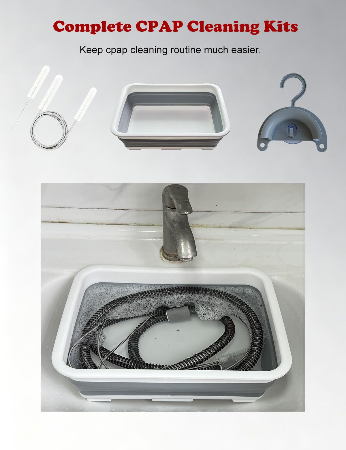 Theradaily CPAP Cleaning Kit for Hose and Mask, Cpap Machine Supplies Cleaner Includes Tube and Mask Cleaning Brush, Foldable Wash Tub, Hose Drying Hanger - Compatible with 22mm and 15mm Tubing