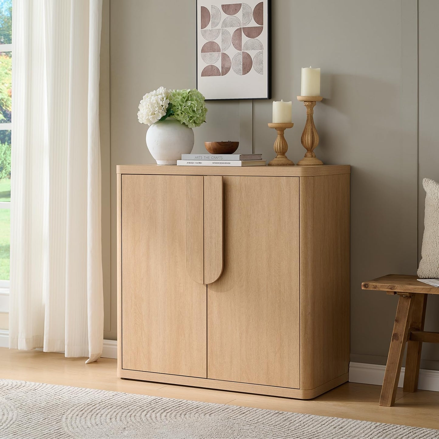 NOWABAY 34'' Sideboard Buffet Cabinet W/Storage, Modern Accent Cabinets W/Curved Handles & Adjustable Shelves, 4 Doors Coffee Bar Buffet Table Credenza for Living Room Kitchen Hallway, Natural