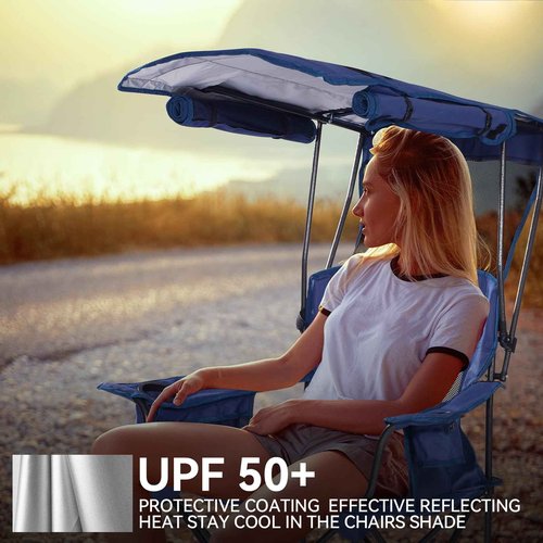 Huskfirm Camping Chair with Canopy Shade - Folding Beach Chair with UPF 50+ Sun Shade, Cup Holder, Side Pocket, Portable Sports Chair for Adults Support 330 LBS, Fishing Camp Outdoor Lawn Chair - Blue