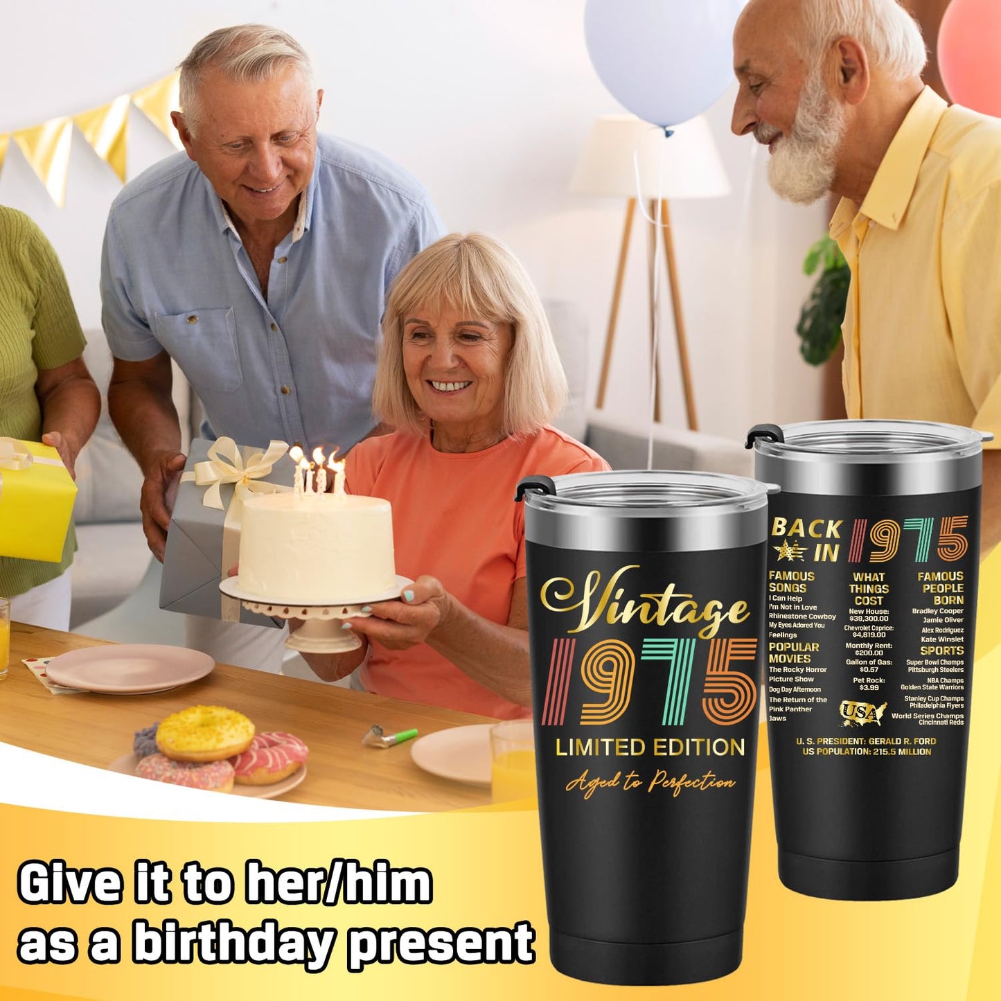 1975 50th Birthday Gift for Women and Men - 50th Gifts for Parents - 50th Class Reunion - Mom Dad Wife Husband Grandpa Grandma Present - 20oz Tumbler Cup Black