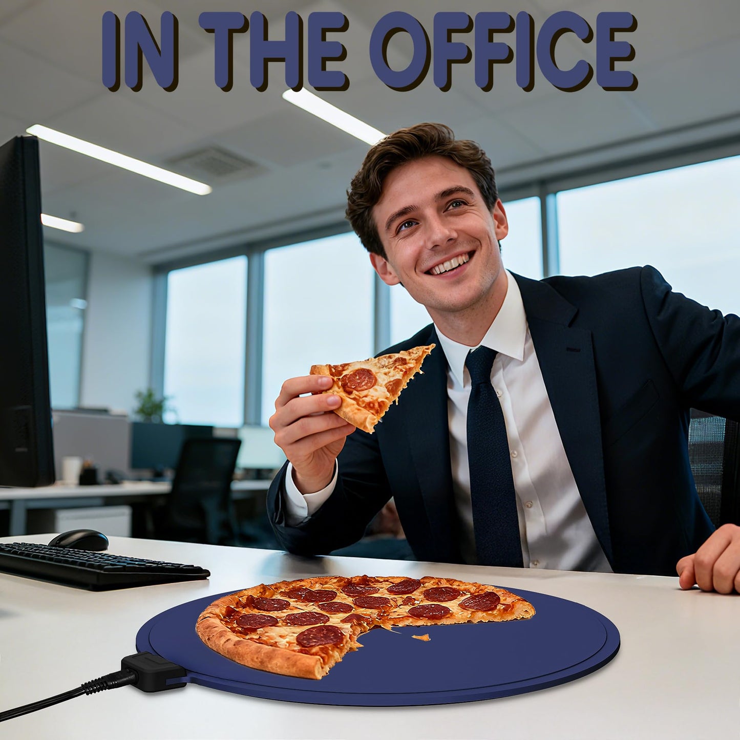 Smilesilk Portable Silicone Pizza Warming Mat - Roll Up Electric Food Heating Pad Tray, Fast Even Heating for Buffet Parties, Foldable Hot Plate Warmer for Home Kitchen Gifts (Navy blue)
