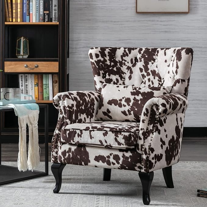 DM Furniture Set of 2 Mid-Century Modern Accent Chair, Velvet Armchair w/Tufted Back/Wood Legs, Upholstered Lounge Arm Chair Single Sofa for Living Room Bedroom, Cow Print