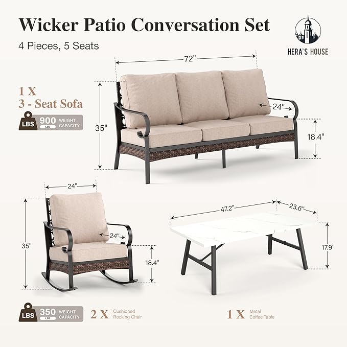 HERA'S HOUSE 4 Piece Metal Patio Furniture Set, All Weather Outdoor Conversation Set with 3 Seat Sofa, 2 Rocking Chairs & Coffee Table, Seats 5 for Backyard, Garden, Deck, Beige