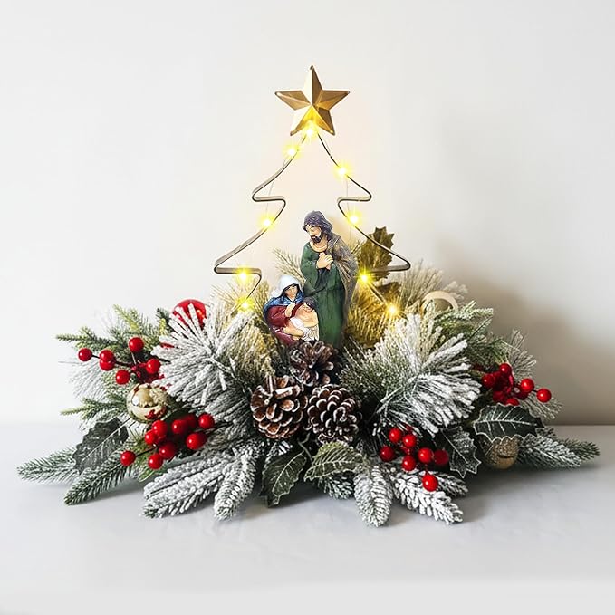 Eksen Nativity LED Tabletop Christmas Tree Centerpiece, Holy Family Scene with Warm Lights, Snowy Pine & Red Berry Accents...
