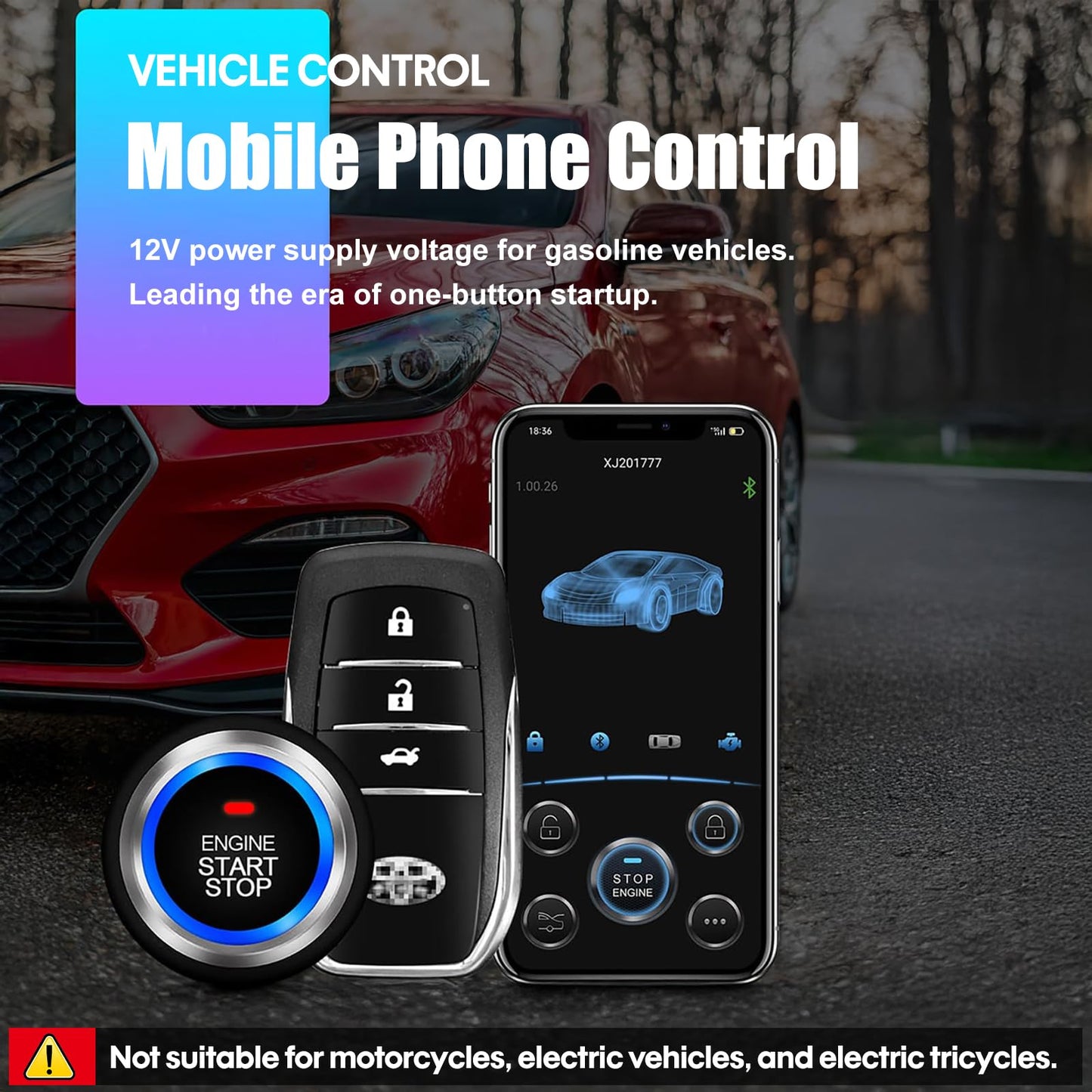 CHADWICK 12V Car Remote Start Stop Kit - PKE Keyless Entry, Bluetooth Control, Anti-Theft System, Model 886BT-X5