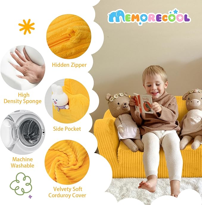 MeMoreCool Toddler Chair – Foldable 2-in-1 Kids Sofa Bed, Corduroy Lounge for 1-3 Years, Yellow Soft Foam Seat | Machine Washable | Convertible Couch for Toddlers’ Playroom or Nap Time
