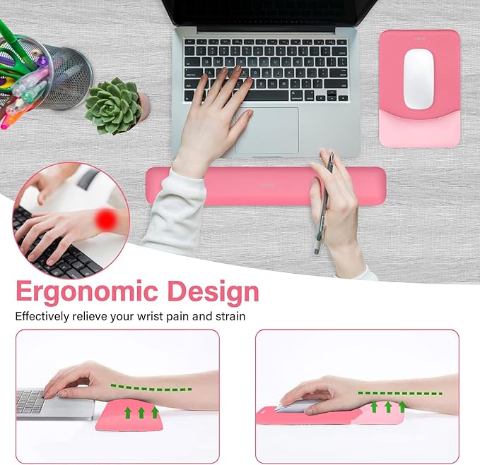 MOSISO Wrist Rest Support for Mouse Pad&Keyboard Set, Rectangular Ergonomic Mousepad Non-Slip Base Home/Office Pain Relief&Easy Typing Pad with Neoprene Cloth&Raised Silicone Lining, Melon Pink