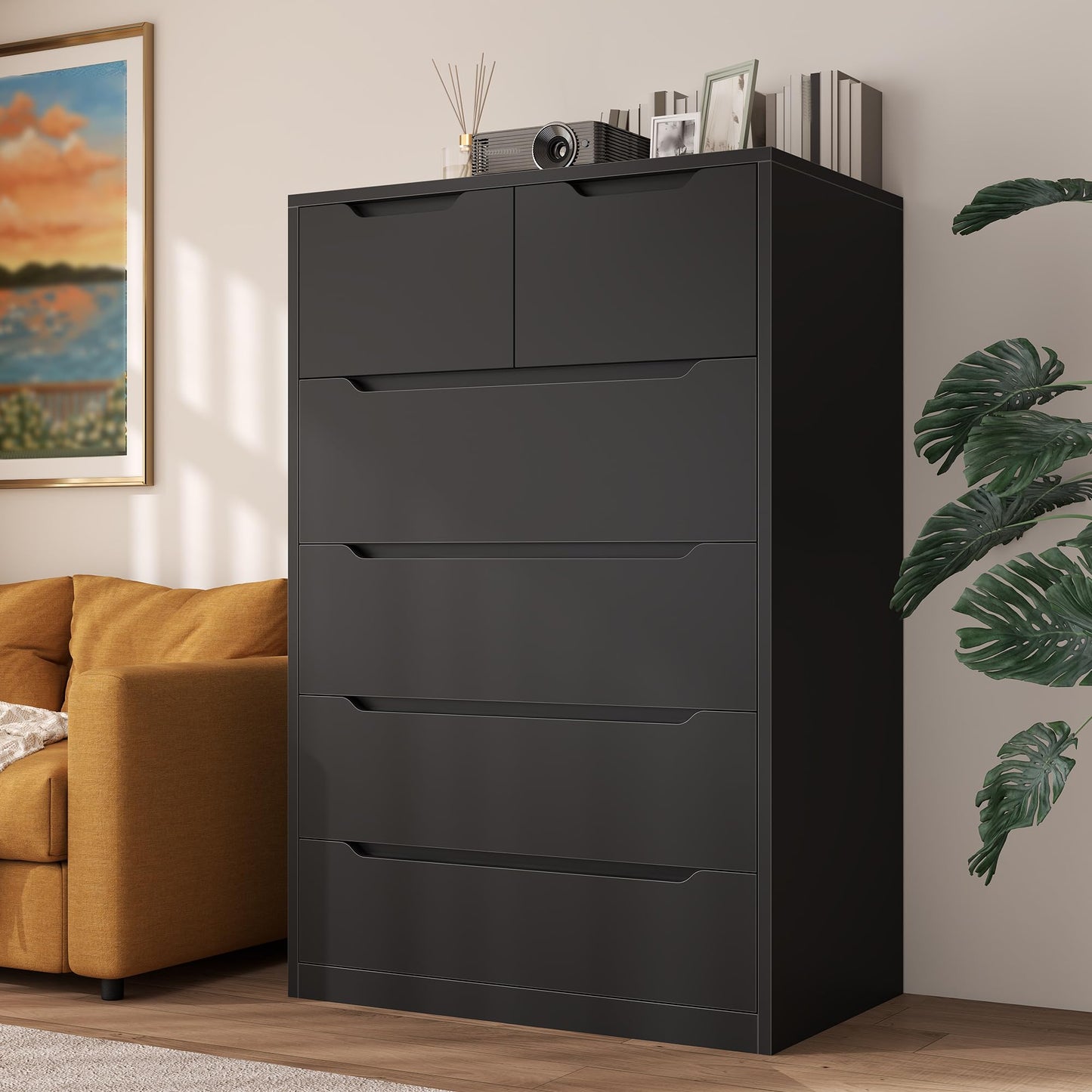 Romorgniz 6 Drawer Dresser for Bedrom,Tall Black Chest of Drawers for Bedroom, Hallway, Closet, Modern 43.2" H X 27.6" W X15.6 D