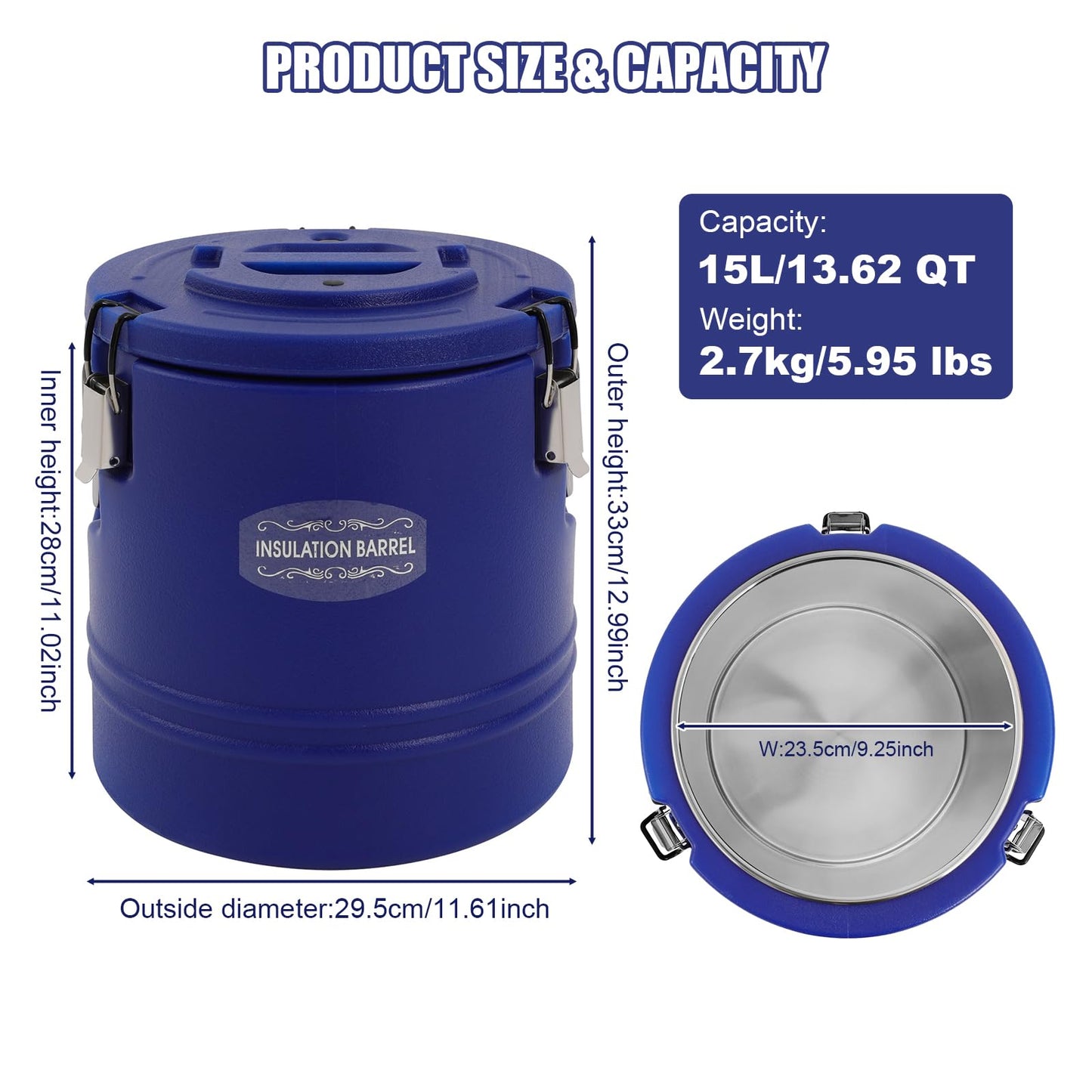 Bulelula 15.9QT Insulated Soup Container 4 Gallon Commercial Food Warmer for Hot&Cold Food, Hot Box for Catering, Food Cooler Soup Carrier for Restaurant, Canteen 6H Insulation Time (Blue)