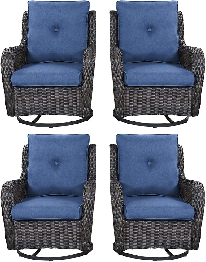 Rilyson Wicker Rocking Chair Swivel Chairs - 4 Piece Rocker Patio Chairs Set Rattan Rocking Chair for Outdoor Porch Deck Garden Backyard(Brown/Blue)