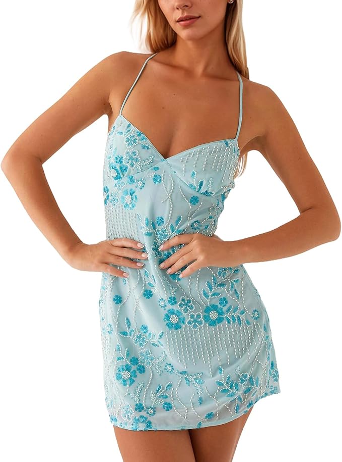 MISSACTIVER Sleeveless Sequin Dress for Women Backless Criss Cross Straps Mini Dress Sexy Sparkle Short Dresses Party