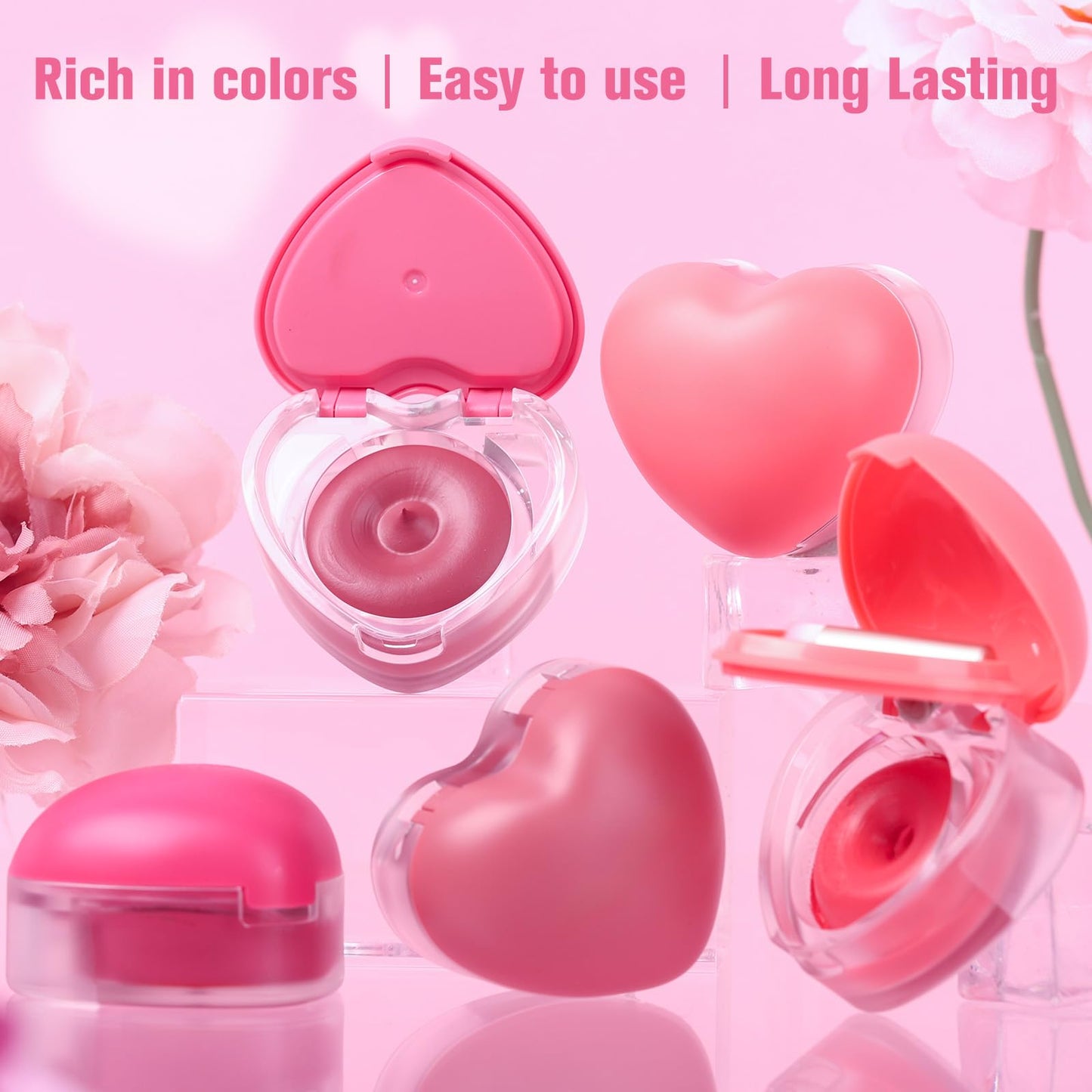 Heart-Shaped Cream Blush for Cheeks & Lips - 2-in-1 Tinted Lip and Cheek Balm Kit with Mini Brush - Blendable Dewy Blusher Face