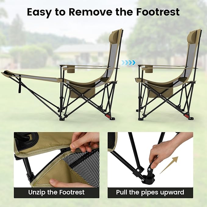 GYMAX Reclining Camping Chairs with Footrest, Lightweight Foldable Camping Chairs with Cup Holders, Adjustable Backrest, Headrest, Heavy Duty Camp Chair for Adult Outdoor Fishing Beach (Khaki,2)