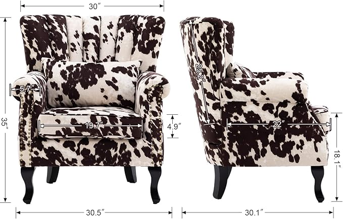 DM Furniture Cow Print Accent Chairs Set of 2 with Arm Comfy Velvet Living Room Chair Mid-Century Modern Wingback Side Chair Single Sofa Couch for Bedroom Guest Room