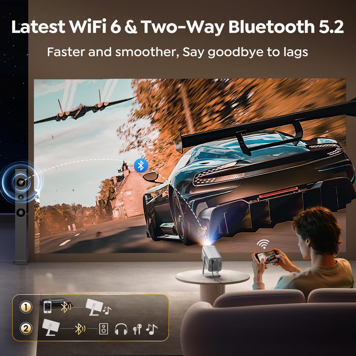 Smart Projector [Built-in Apps/4K Support/2026 Upgraded] with WiFi and Bluetooth, Native 1080P Outdoor Movie Projector, Auto Focus, Dolby Audio, TOPTRO Mini Portable Proyector w/ YouTube/Prime Video
