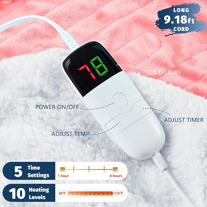 BOMOVA Heated Electric Blanket Twin - 62" x 84" Heating Blanket with 10 Heating Levels & 8 Hours Auto Off, Warm Flannel Blanket, Christmas Birthday Gifts for Women