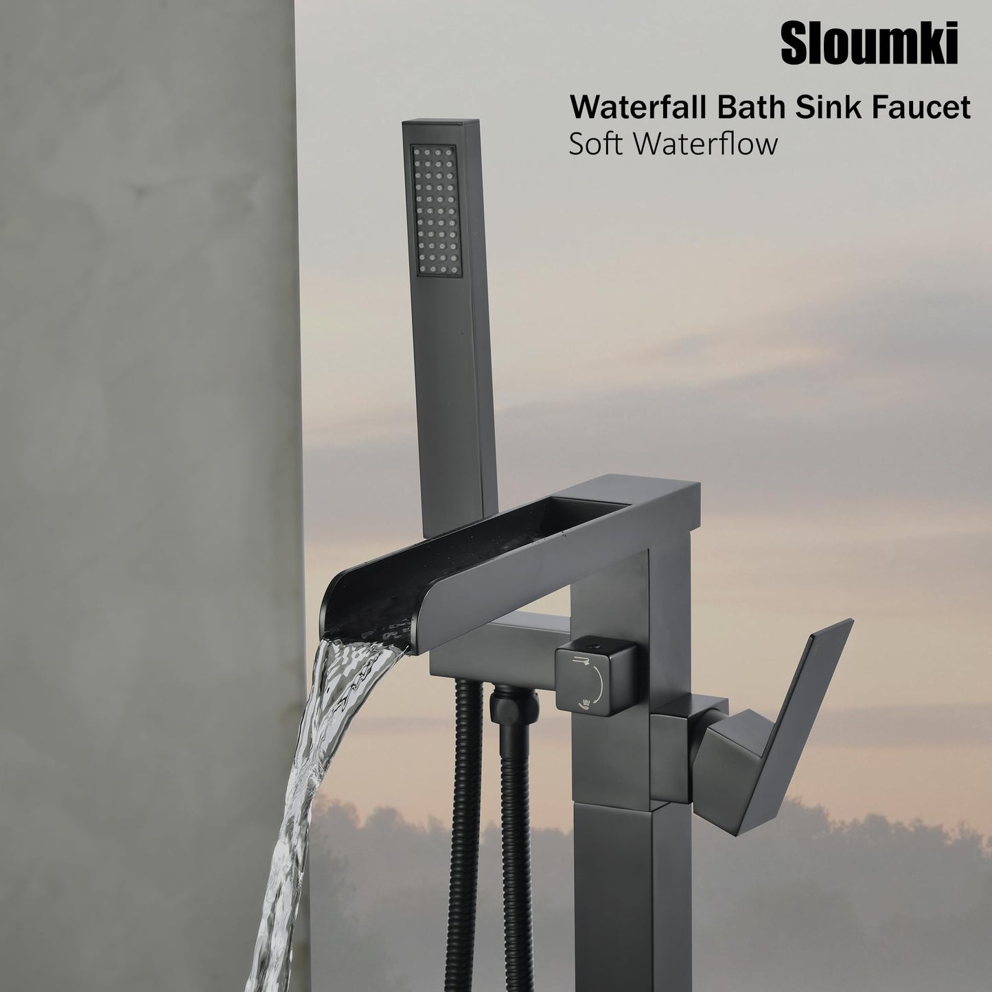 Freestanding Bathtub Faucet Waterfall Tub Filler Black Floor Mount 304 stainless steel Single Handle Bathroom Faucets with Hand Shower