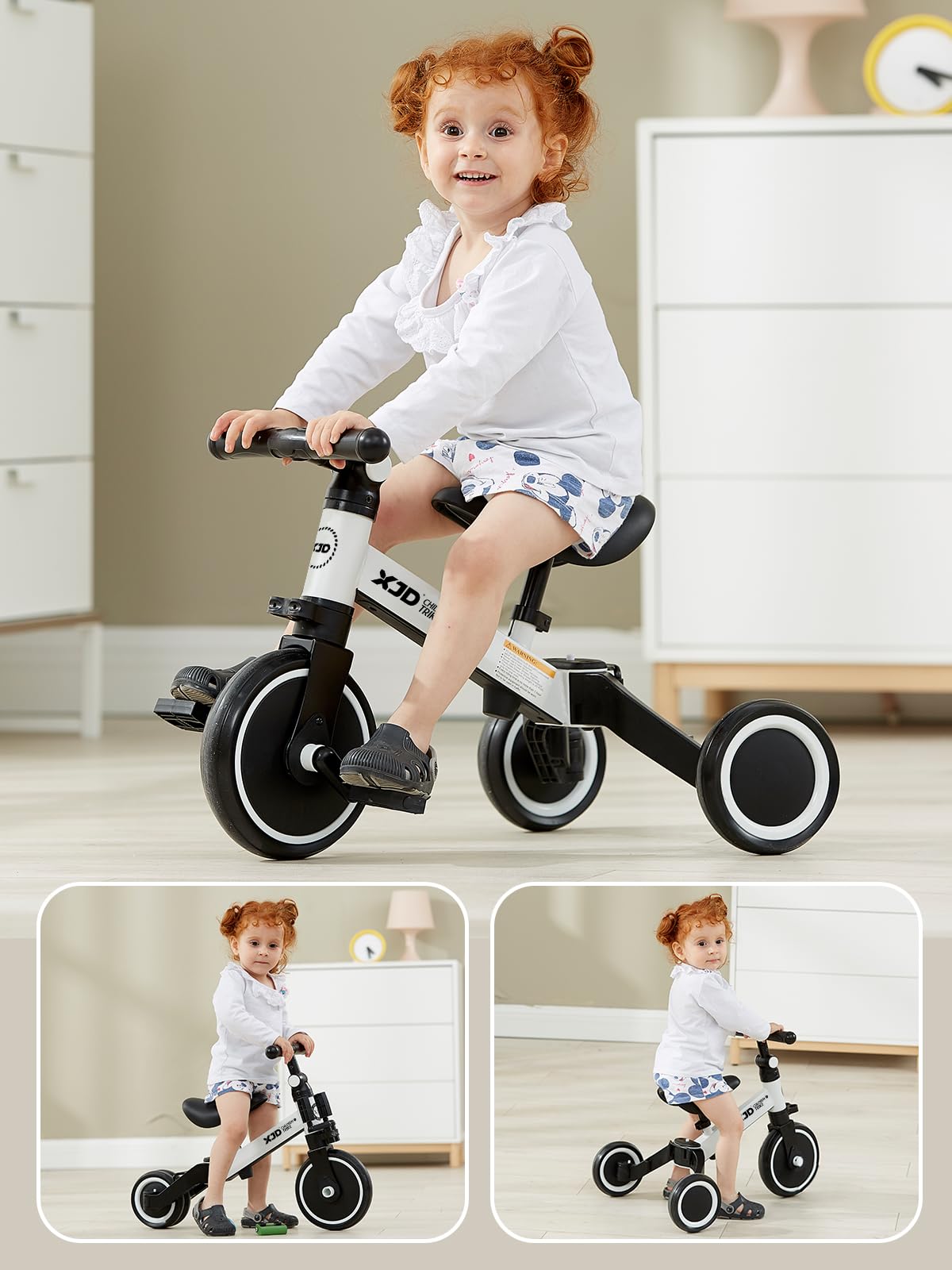XJD 5 in 1 Toddler Bike, Tricycle for Toddlers 1-3 with Adjustable Seat Height, Removable Pedals, Ideal Balance Bike Birthday Gifts and Toys for Boys and Girls (White)