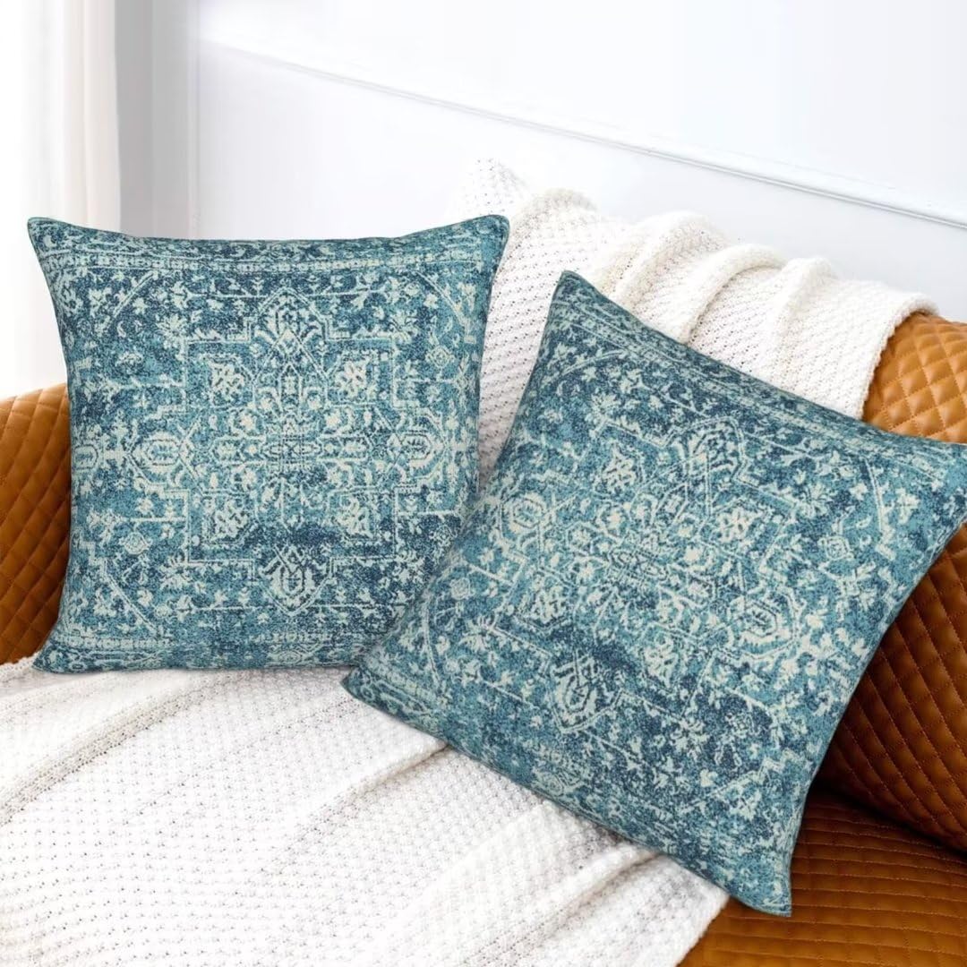 Sunshineyan Teal Boho Pillow Covers 20x20 Set of 2, Bohemian Carpet Pattern Outdoor Decorative Throw Pillows Linen Ethnic Design Rustic Farmhouse Cushion Cases for Couch Sofa Decor