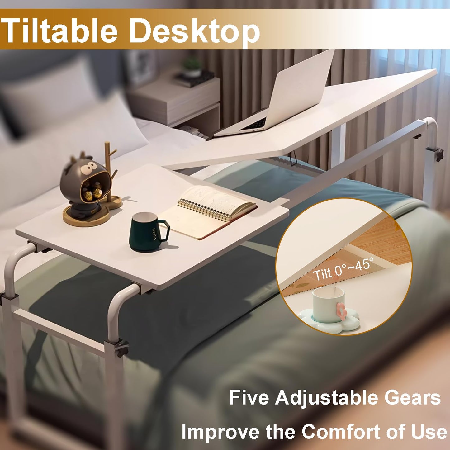ApexRoam Overbed Desk with Wheels, Adjustable Height Over The Bed Table, King Queen Mobile Over Bed Desk, Overbed Table with Tiltable Tabletop for Laptop and Bedroom Work (White, 47 * 16IN Tiltable)