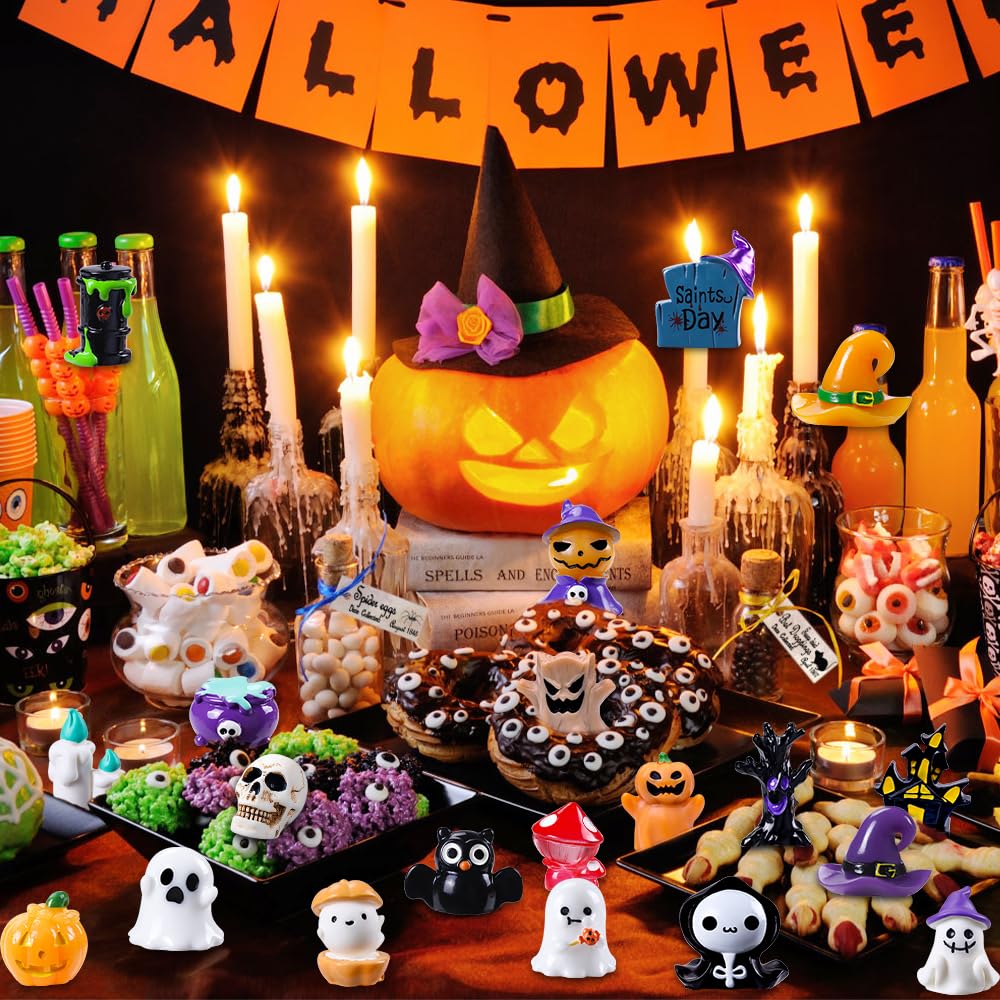DIYDEC 32pcs Halloween Mini Resin Figures 32 Styles Tiny Resin Animals Little Small Figures to Hide Pumpkin Ghost Skull Miniatures Bulk for Halloween Party Favors Bag Fillers Garden Dollhouse Decor
