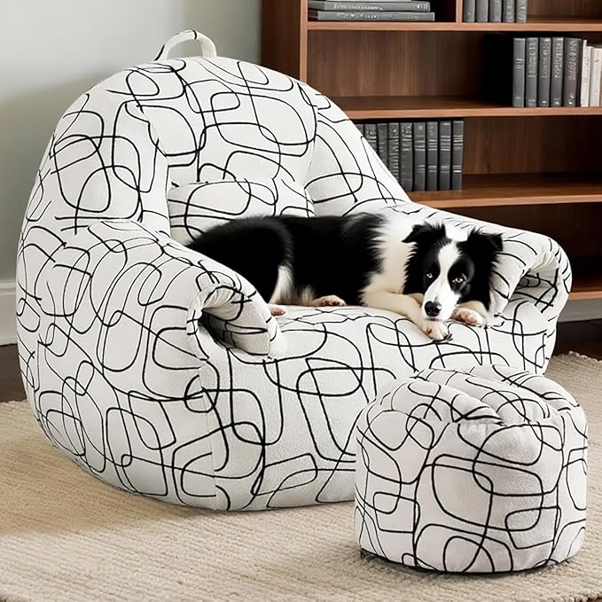 Peace nest Bean Bag Chair with Memory Foam Filled Ultra Soft Jacquard Pattern Cover for Adults Comfy Fur Bean Bag Chairs with Armrests Ottoman for Bedroom Living Room Office Dorm Reading Lines