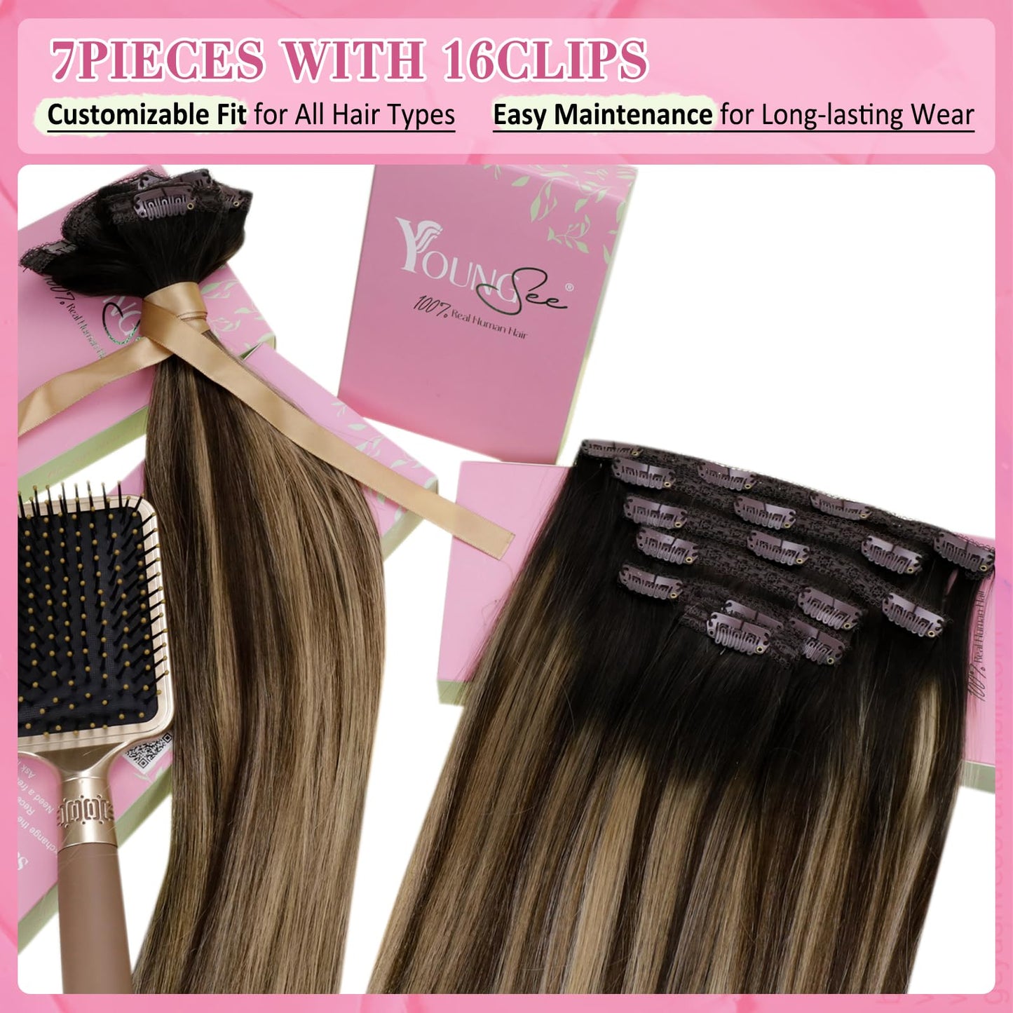 YoungSee 150G Clip in Hair Extensions Real Human Hair Ombre Lace Clip in Hair Extensions Human Hair Black Fading to Brown with C