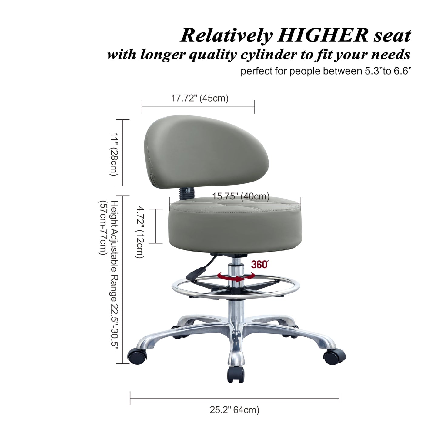 Height Adjustable Rolling Shop Stool with Back Support - Kitchen Stool with Wheels Heavy Duty for Salon, Spa, Massage, Tattoo, Esthetician - Extra Thick for Extreme Comfort