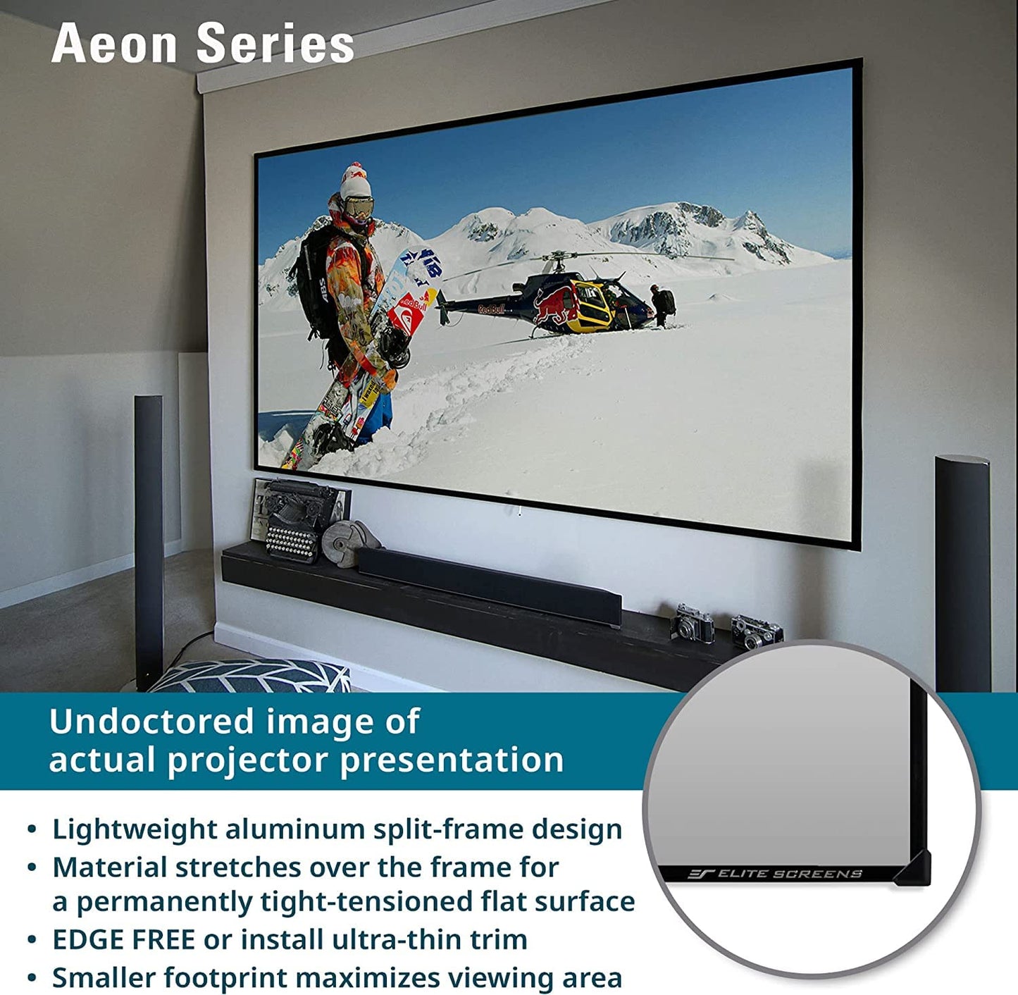 Elite Screens Aeon CineGrey 3D, 100" Fixed Frame CLR/ALR Projector Screen 16:9, Standard Throw Projection, Edge Free Ceiling & Ambient Light Rejecting, Wall-Mounted, for Movie Home Theater, AR100DHD3