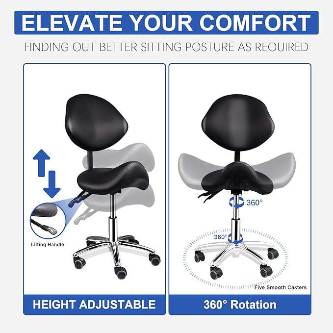 Upgrade Saddle Stool with Back Support, 400lbs Adjustable Salon with Wheels, Wide Thick Seat Padding, Ergonomic Esthetician Seat for Home Office Salon Shop Dentist Clinic, for People 5 Ft To6 Ft Tall