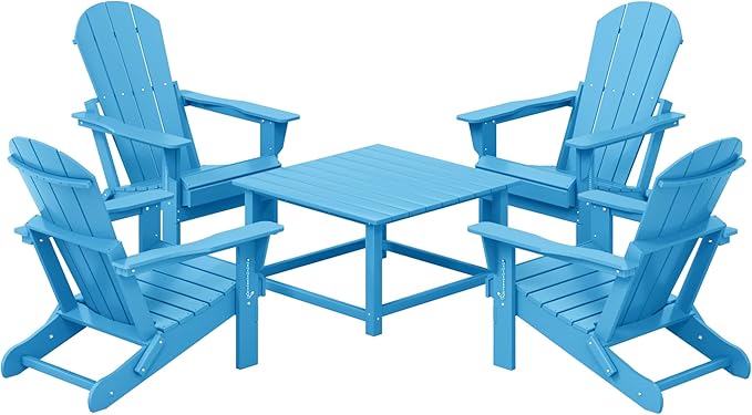 Costaelm Patio Conversation Set, 5 Piece Balcony Furniture, Small Patio Firepit Furniture Outdoor Adirondack Square Coffee Table and Chair for Backyard Lawn Porch Pool Garden, Pacific Blue